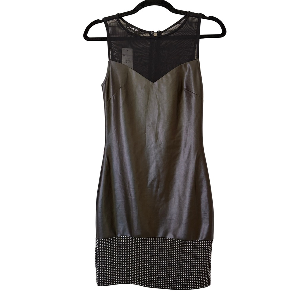 bebe Black Faux Leather Studded Mesh Mini Dress Women's XS Vegas Moto